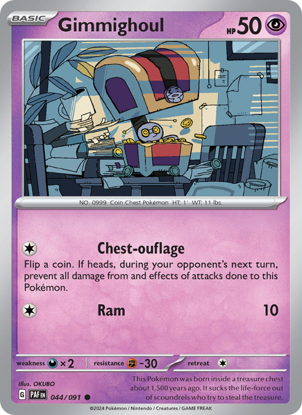 Gimmighoul 044 uit Paldean Fates Pokémon kaart