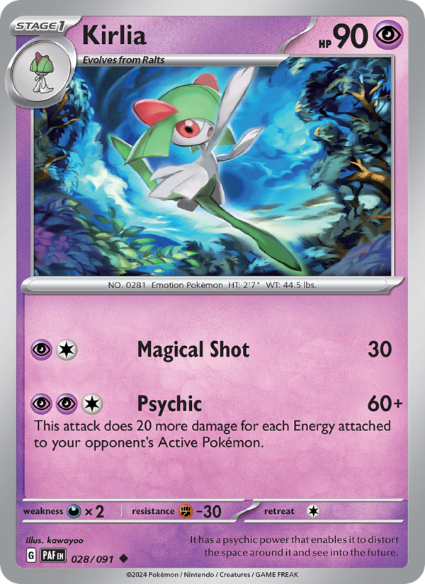 Kirlia 028 uit Paldean Fates Pokémon kaart
