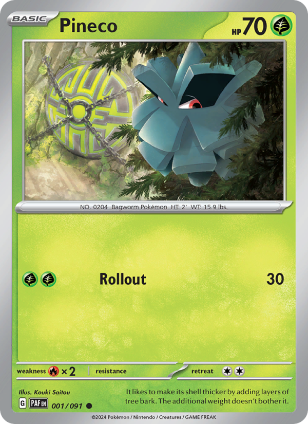 Pineco 001 uit Paldean Fates Pokémon kaart